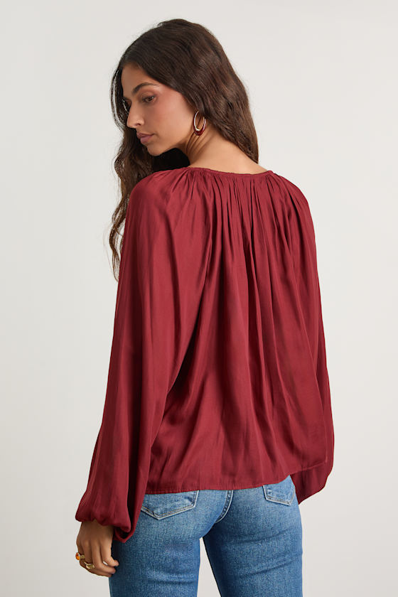 Hestia Wine Red Gathered Balloon Sleeve Top
