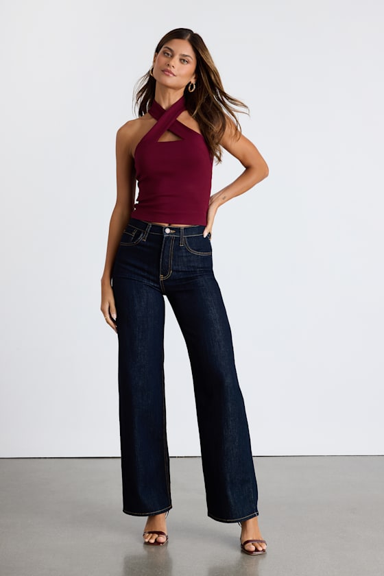 Essential Energy Wine Red Ribbed Sleeveless Cross-Front Top