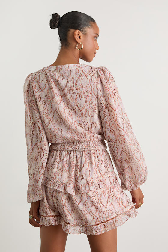 Variah Pale Pink Snake Print Long Sleeve Mini Dress