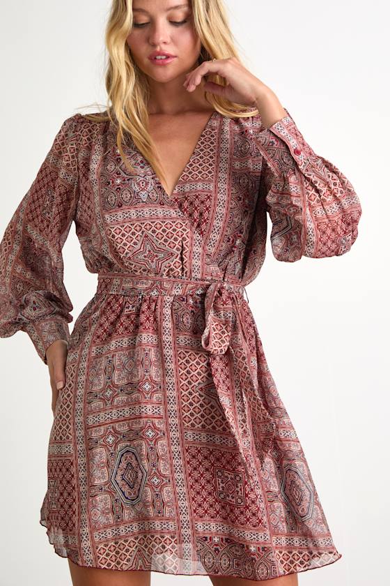 Breezy Wanderings Rust Red Boho Print Long Sleeve Mini Dress