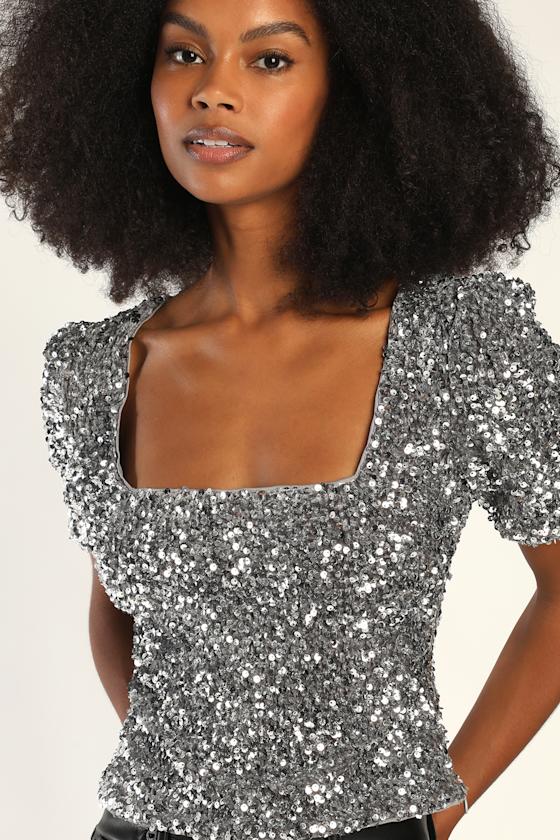 Sparkling Marvel Silver Sequin Square Neck Crop Top