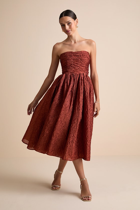 Analeia Rust Jacquard Lace-Up Strapless Midi Dress