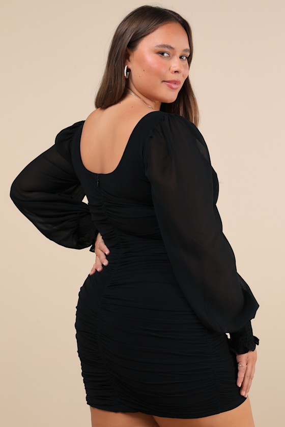 Perfect Sensation Black Mesh Ruched Puff Sleeve Mini Dress