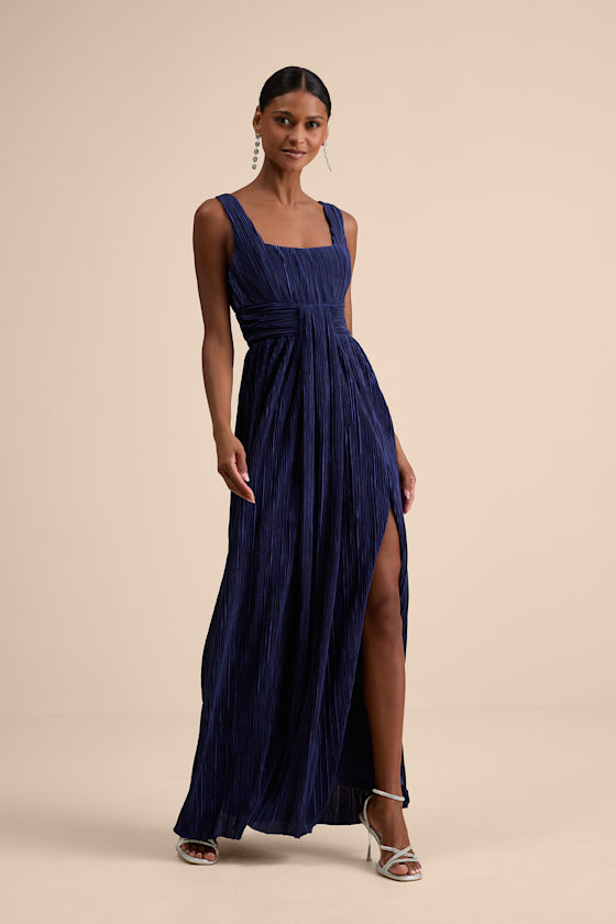 Ameena Navy Blue Plisse Square Neck Sash Maxi Dress