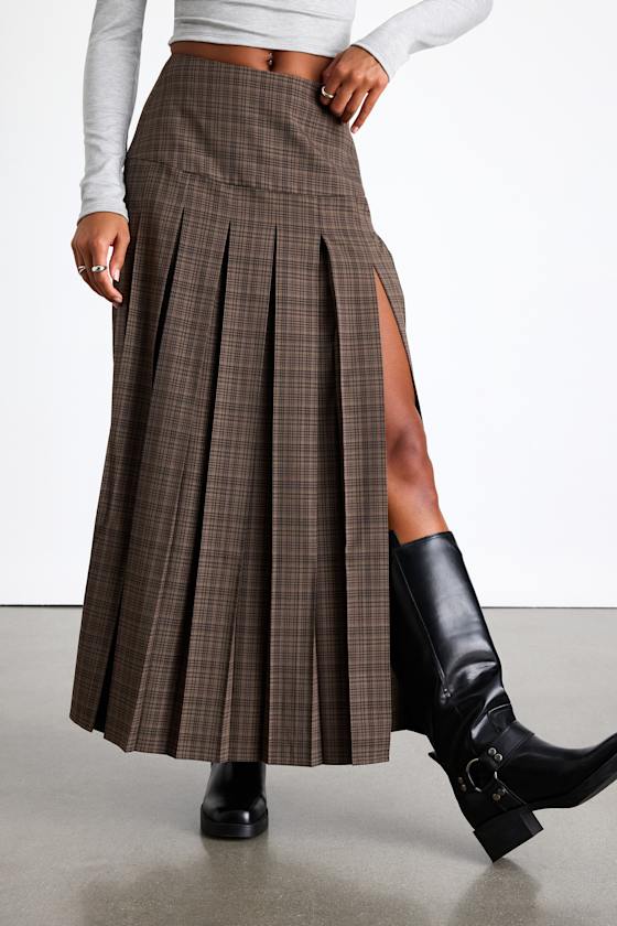 Vessa Brown Plaid High-Rise Pleated Maxi Skirt