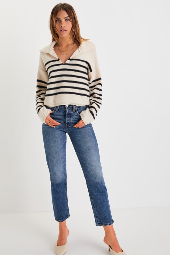 Timeless Energy Ivory Striped Collared Pullover Sweater