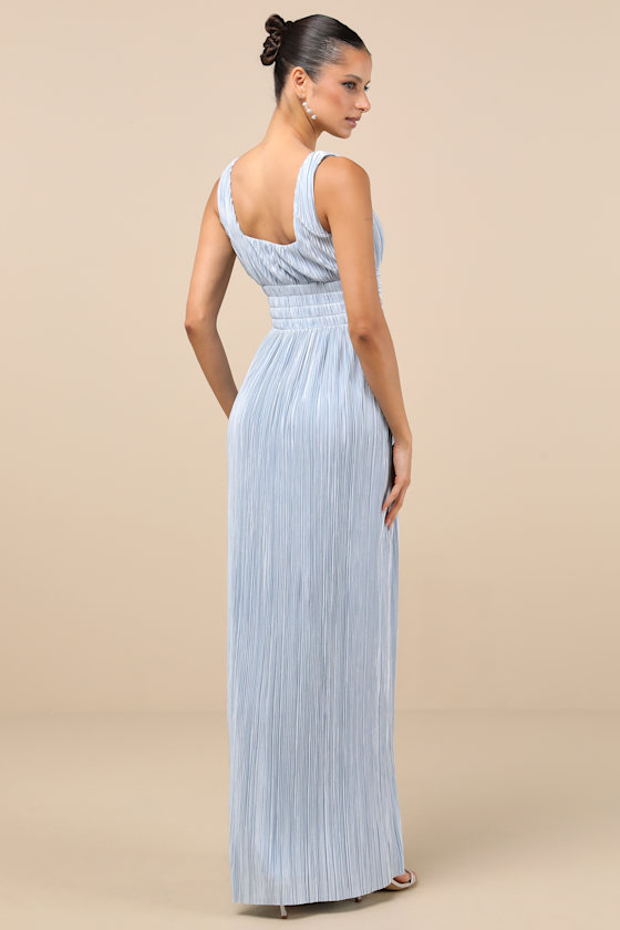 Ameena Light Blue Plisse Square Neck Sash Maxi Dress