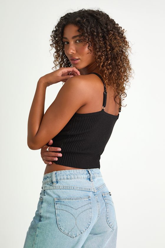Melika Black Ribbed Knotted Crop Tank Top