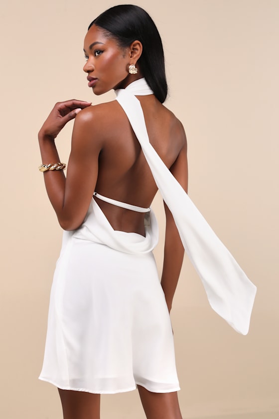 Isloda Ivory One-Shoulder Backless Sash Mini Dress