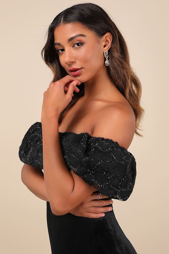 Lavishly Adored Black Tulle Velvet Off-the-Shoulder Mini Dress