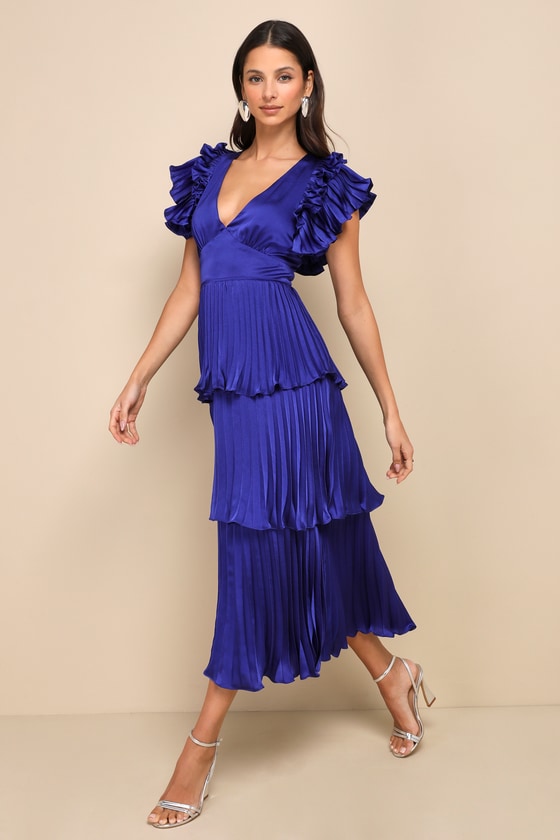 Stunning Desire Cobalt Blue Satin Pleated Tiered Midi Dress