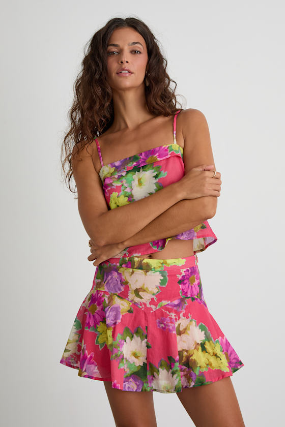 Tova Hot Pink Floral High-Rise Mini Skirt