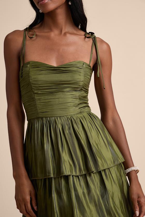 Tennon Olive Green Plisse Tiered Midi Dress