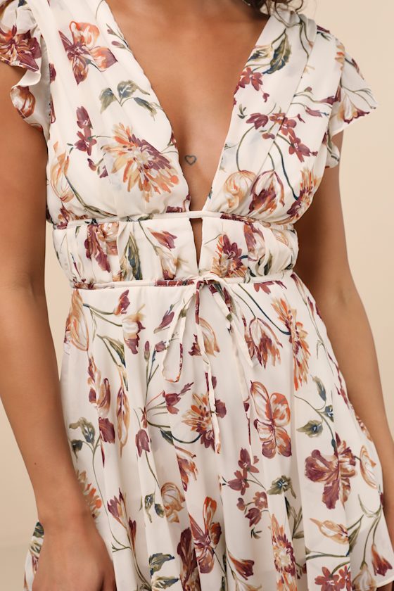 Flirty Ways Cream Floral Print Flutter Sleeve Romper