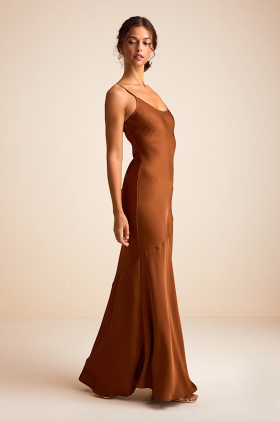 Riyona Rust Brown Satin Seamed Sleeveless Maxi Dress