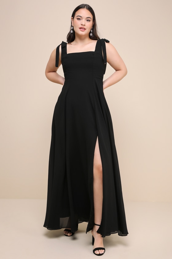 Love Me Forever Black Tie-Strap Square Neck Maxi Dress
