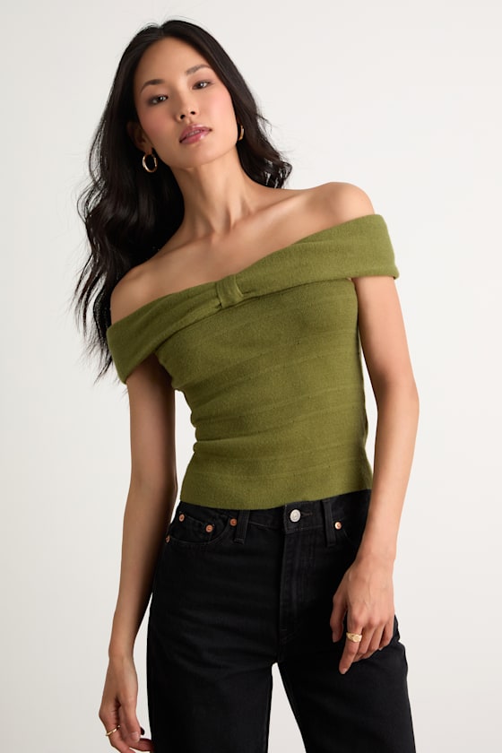 Judah Olive Green Off-the-Shoulder Sweater Top