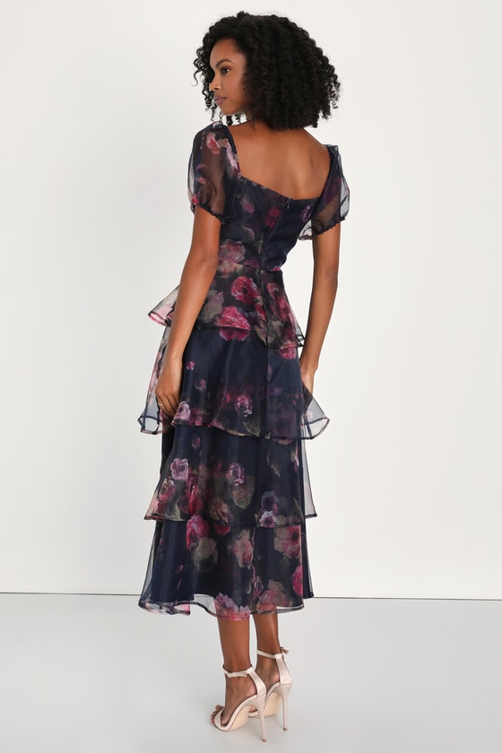 Oh-So Stunning Navy Blue Floral Organza Tiered Midi Dress