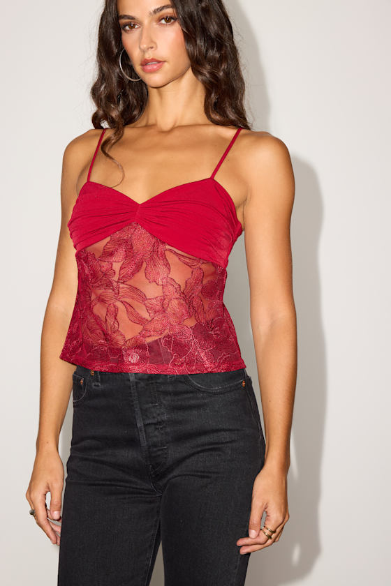 Carter Red Sheer Embroidered Tank Top