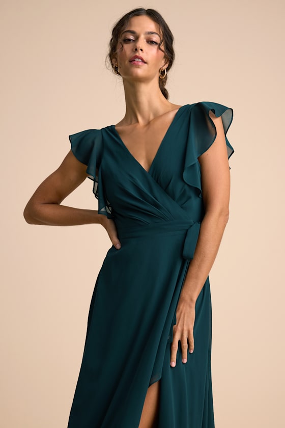 Ravishing Charm Emerald Ruffled Wrap High-Low Maxi Dress