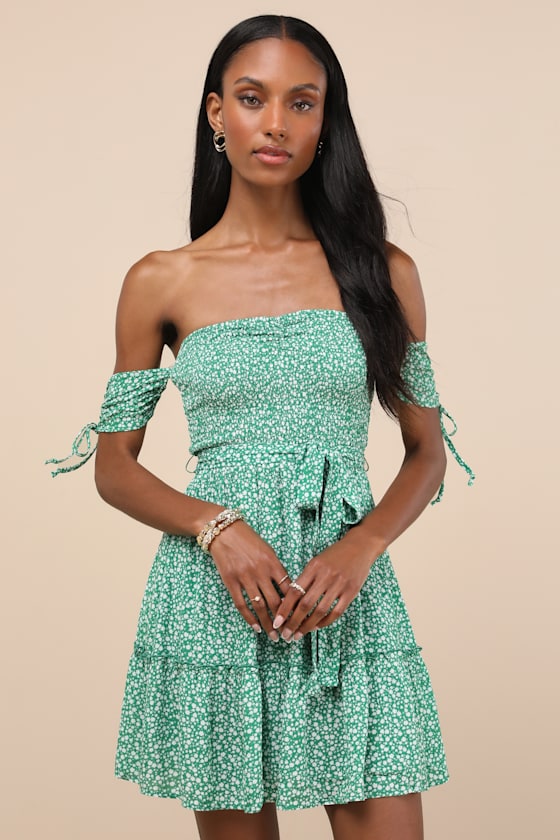 Sweetest Feelings Green Floral Off-the-Shoulder Mini Dress