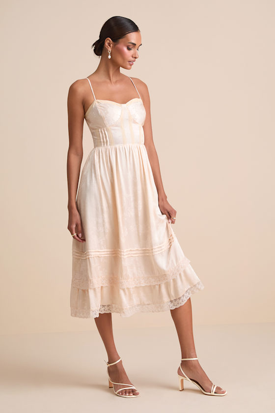 Sarisha Blush Satin Jacquard Bustier Midi Dress