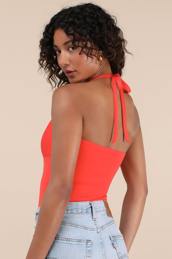 Amberlyn Bright Red Halter Neck Bodysuit