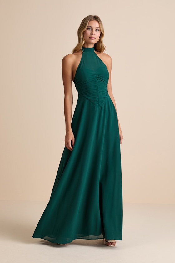 Cammie Emerald Halter Neck Ruched Maxi Dress