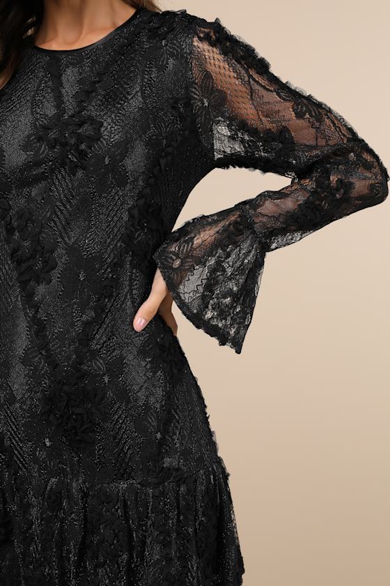 Darling Era Black Lace Applique Long Sleeve Ruffled Mini Dress