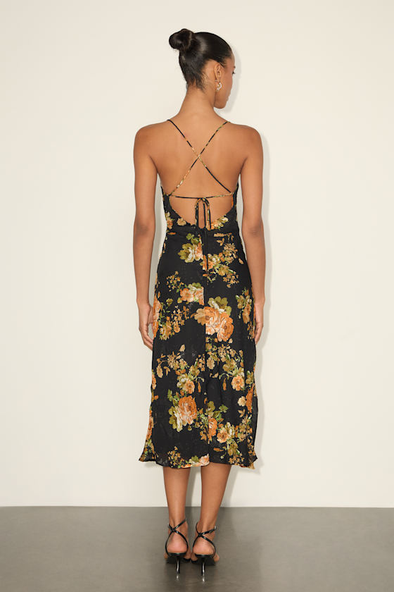 Petal Prowess Black Floral Print Lace-Up Cowl Midi Dress