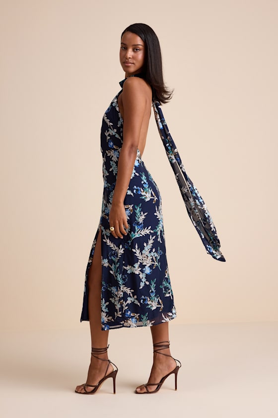 Lizbeth Navy Floral Jacquard Backless Midi Dress