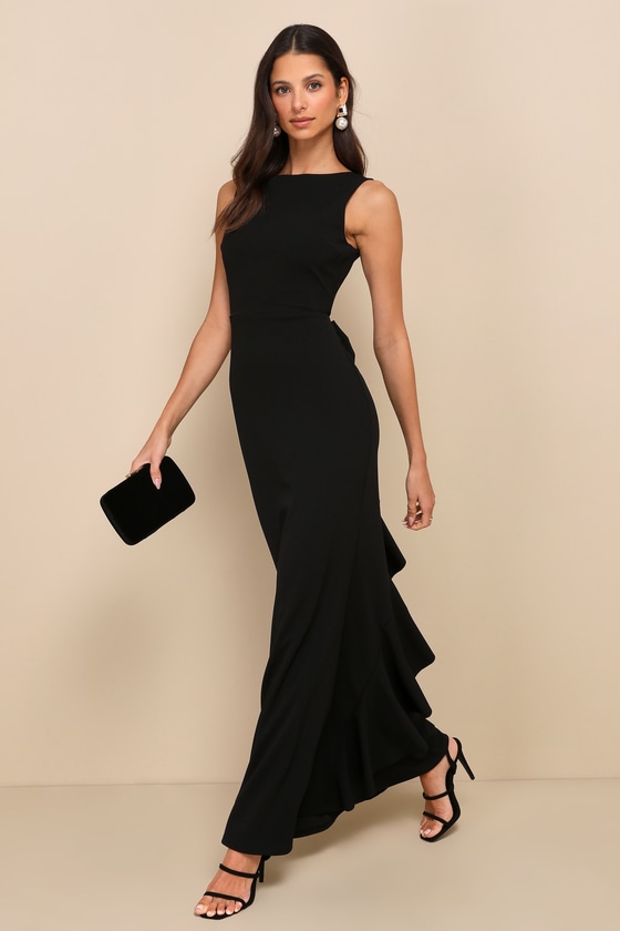 Exquisite Refinement Black Backless Bow Ruffled Maxi Dress