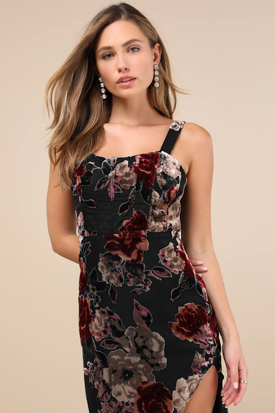 Blissful Evening Black Floral Velvet Burnout Maxi Dress