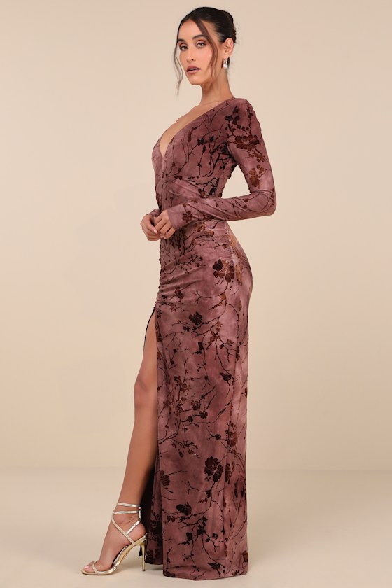 Dynamic Sensation Dark Mauve Floral Velvet Burnout Maxi Dress