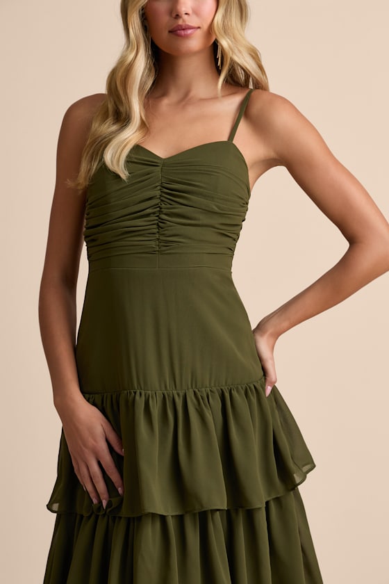 Gorgeous Influence Olive Green Tiered Maxi Dress