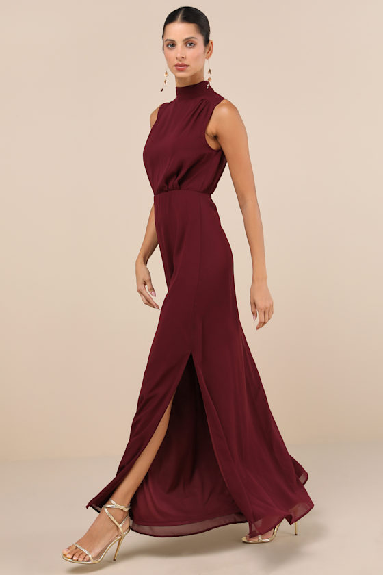 Classic Elegance Plum Chiffon Sleeveless Mock Neck Maxi Dress