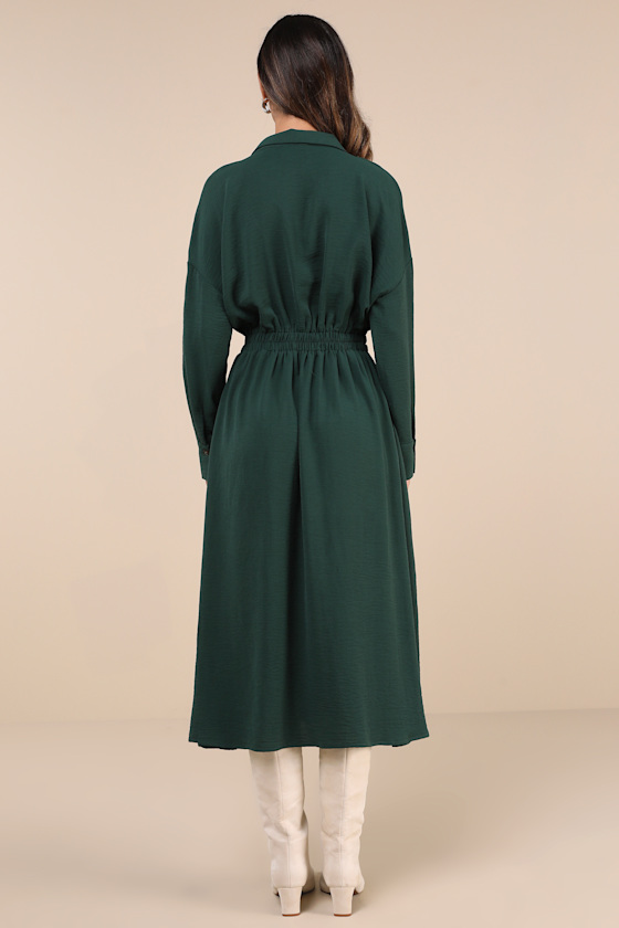 Timeless Class Dark Green Collared Button-Up Pleated Midi Dress