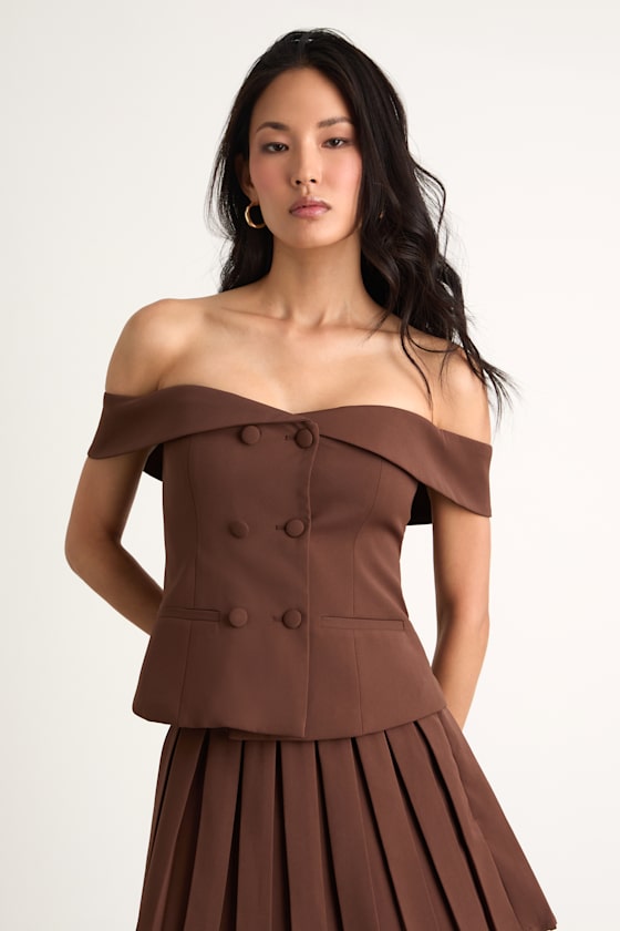 Mahika Brown Double-Breasted Off-the-Shoulder Top