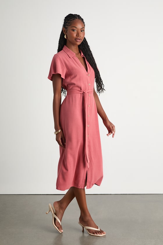 Italian Summer Rusty Rose Linen Button-Up Short Sleeve Dress