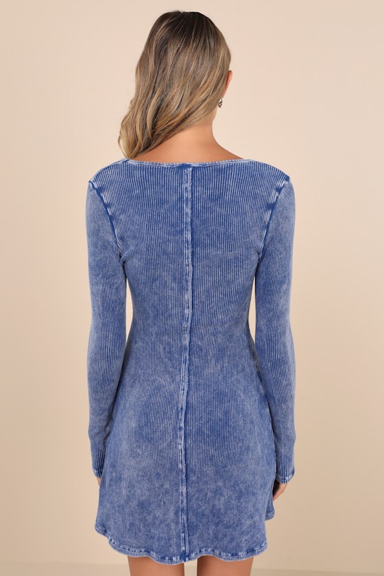 Pristine Cuteness Washed Blue Ribbed Long Sleeve Mini Dress