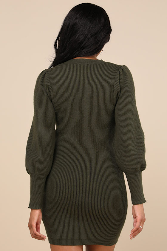 Loving You Fondly Olive Green Ribbed Knit Sweater Dress