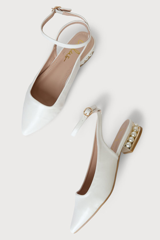 Flayna White Slingback Pearl Ankle Strap Flats
