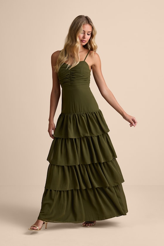 Gorgeous Influence Olive Green Tiered Maxi Dress