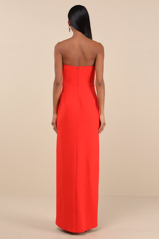 Memorably Iconic Red Strapless Lace Bustier Maxi Dress