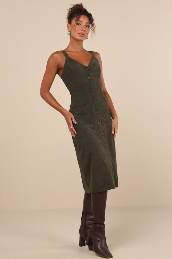 Certainly the Sweetest Olive Corduroy Button-Front Midi Dress