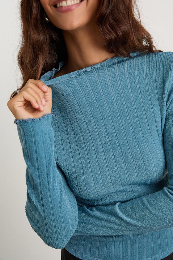 Charmed Vibes Teal Blue Ribbed Lettuce Edge Long Sleeve Top