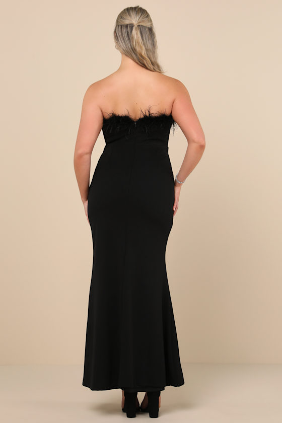 Extraordinary Glam Black Feather Strapless Mermaid Maxi Dress