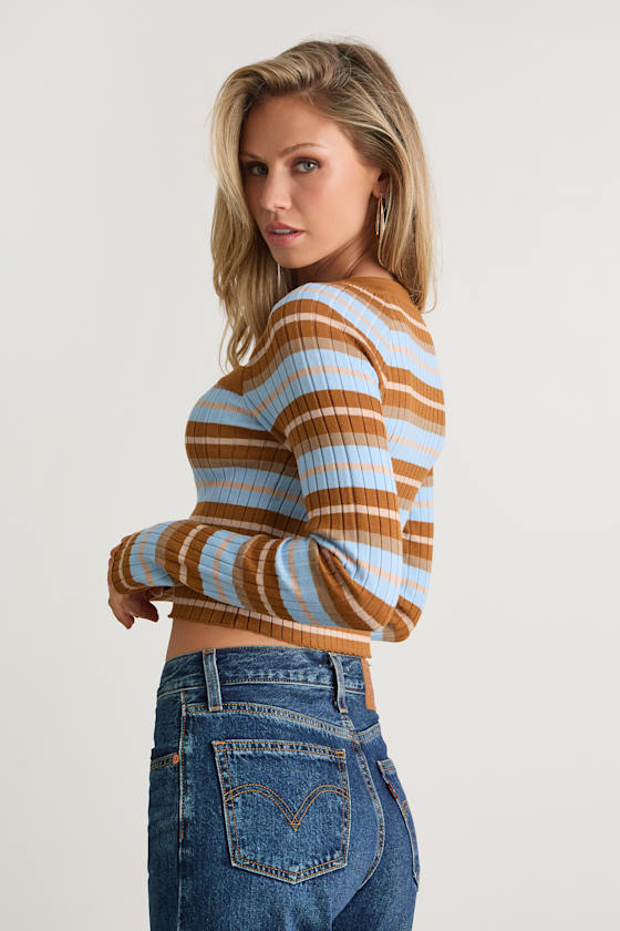 Tanea Light Blue and Brown Striped Cutout Sweater Top