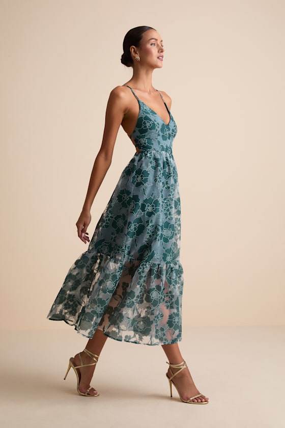 Feeling Like Forever Teal Jacquard Organza Lace-Up Midi Dress