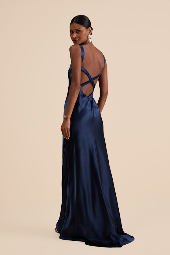 Perfectly Classy Navy Satin Strappy Maxi Dress